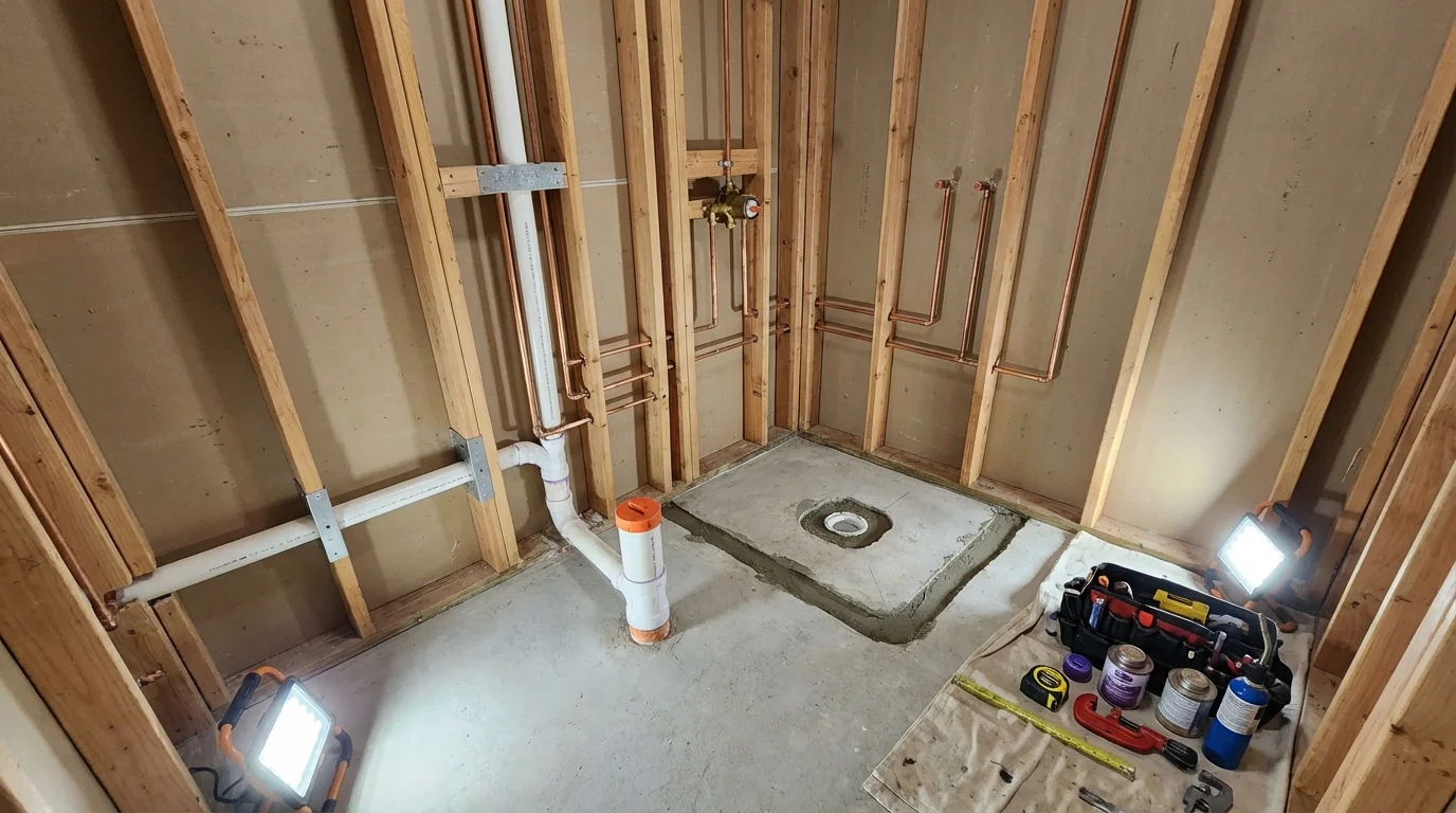Bathroom rough-in plumbing during remodel by Johns Plumbing LLC in West Branch