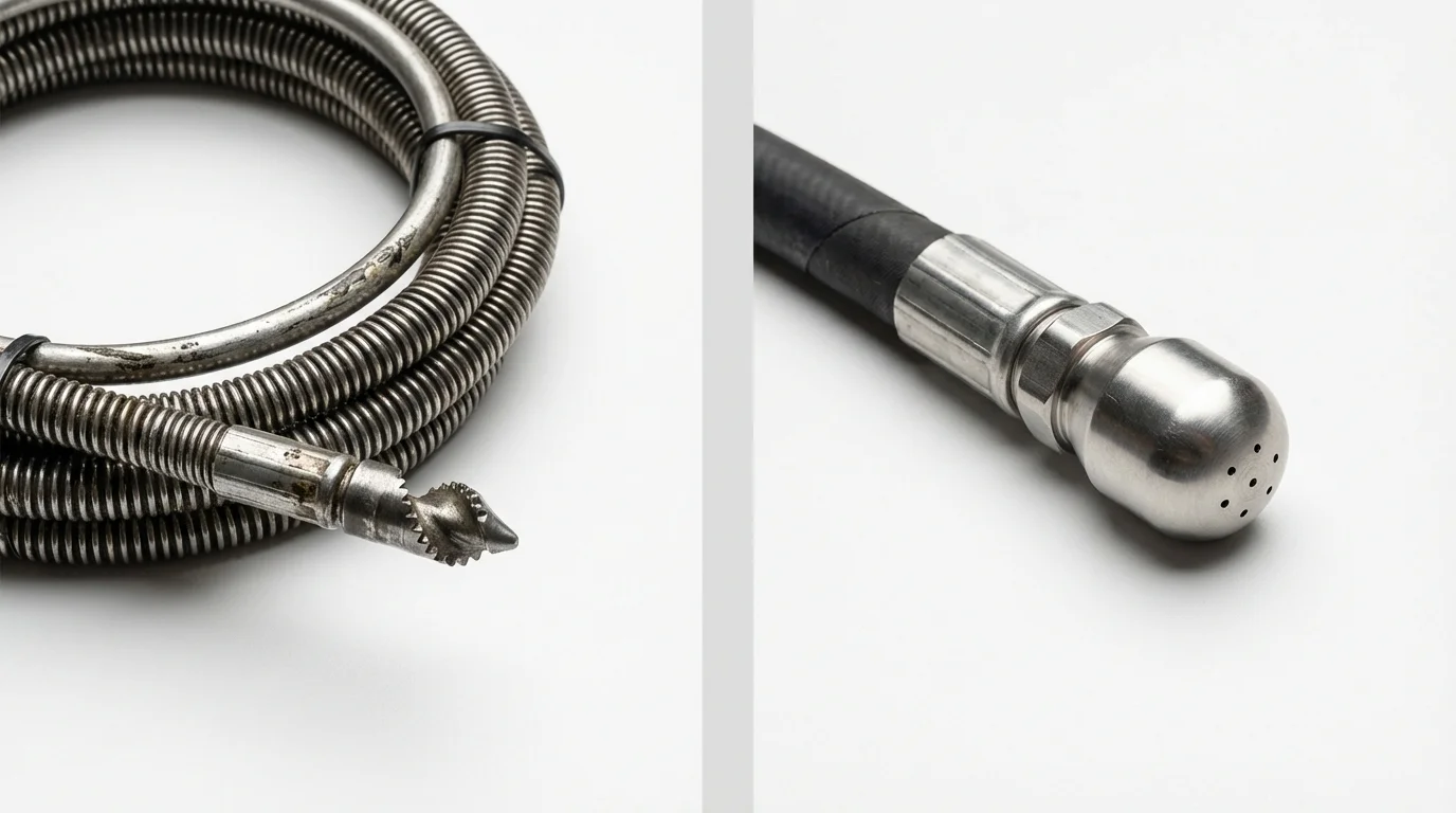 Drain snake cable and hydro jetting nozzle used for drain cleaning in West Branch, MI