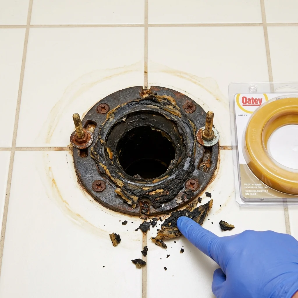 Failed wax ring showing water seepage at the base of a toilet in a West Branch, MI home