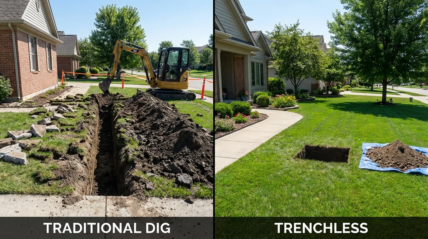 Trenchless sewer repair with minimal yard damage versus traditional excavation in West Branch, MI